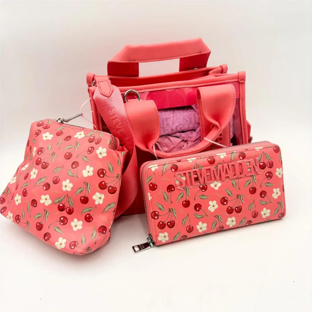 Steve Madden Sunset Coral Cherry 3 Piece Set Bwebber Clear Tote Wallet Pouch