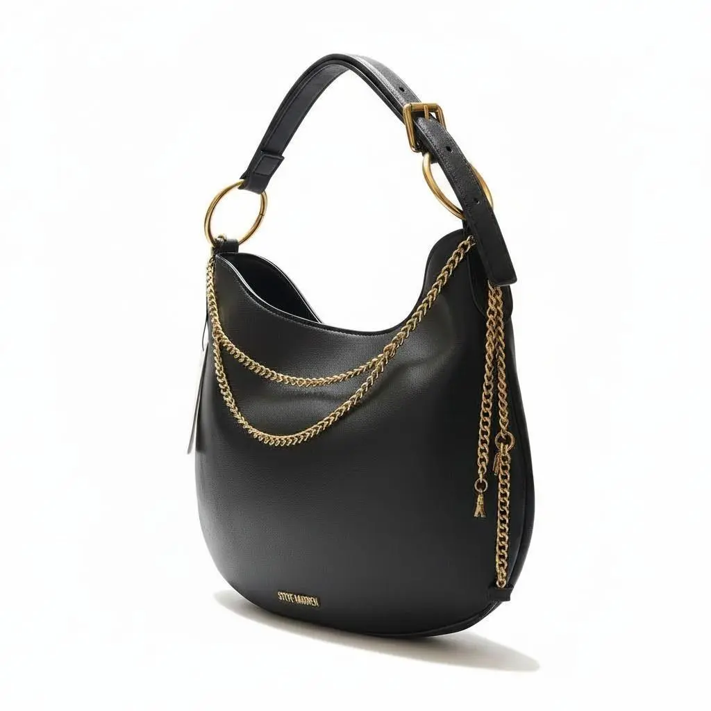 Black Hobo Shoulder Bag Vegan Leather Gold Chain Medium by Steve Madden
