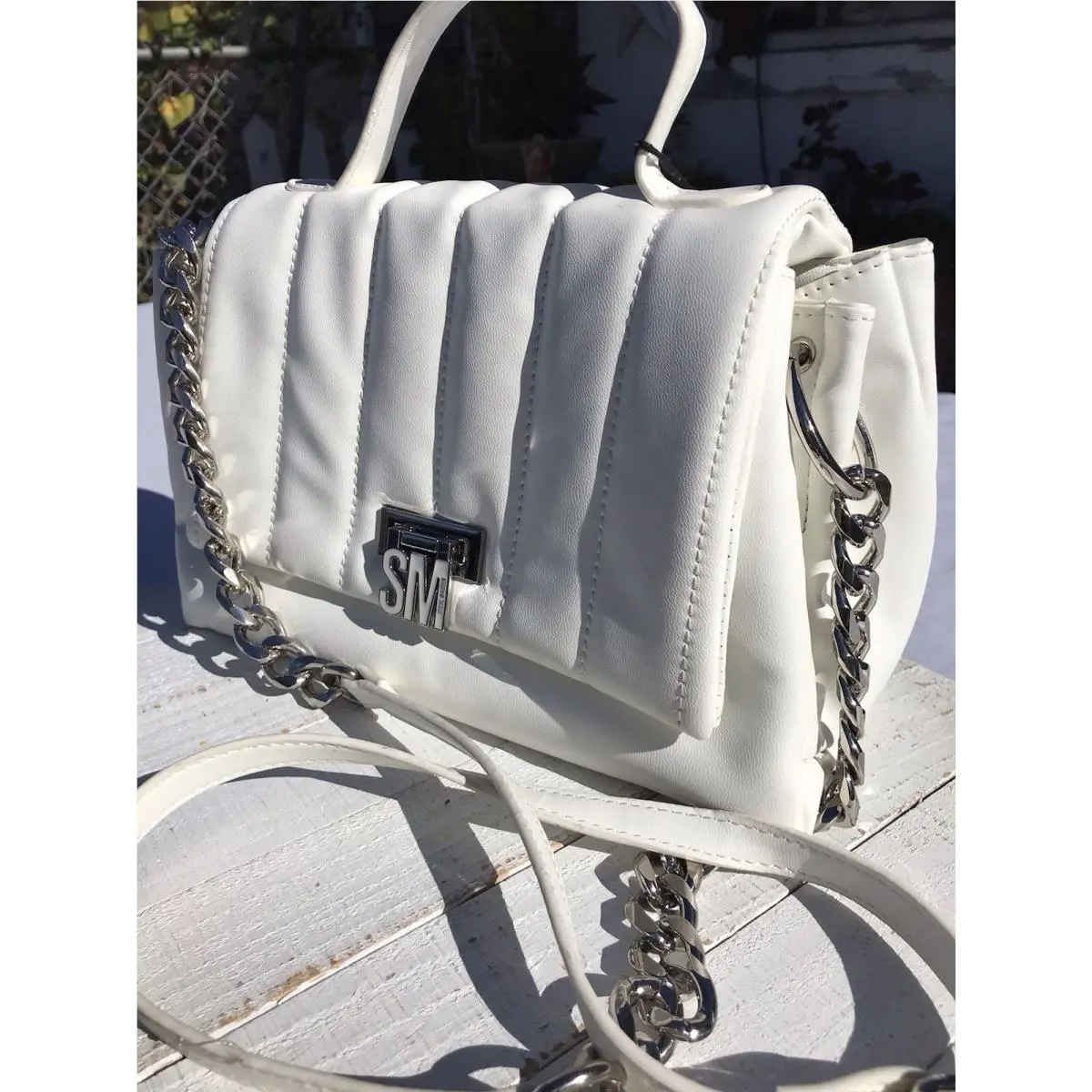 Steve Madden White Btessa Crossbody Silver Chain Handbag Purse Leather