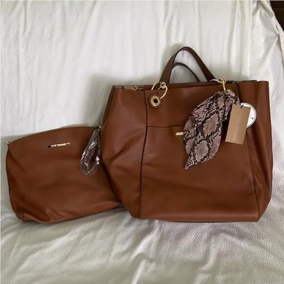 Steve Madden Cognac Bwilde Large Brown Tote w/ Signature Scarf Makeup Bag