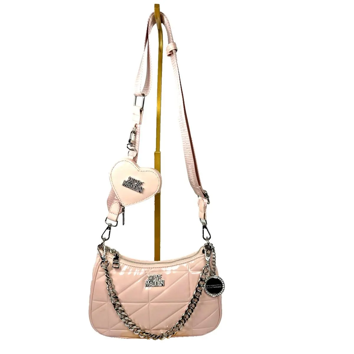 Pink Patent Quilted Crossbody Bag Heart Coin Purse Chain Strap by Steve Madden