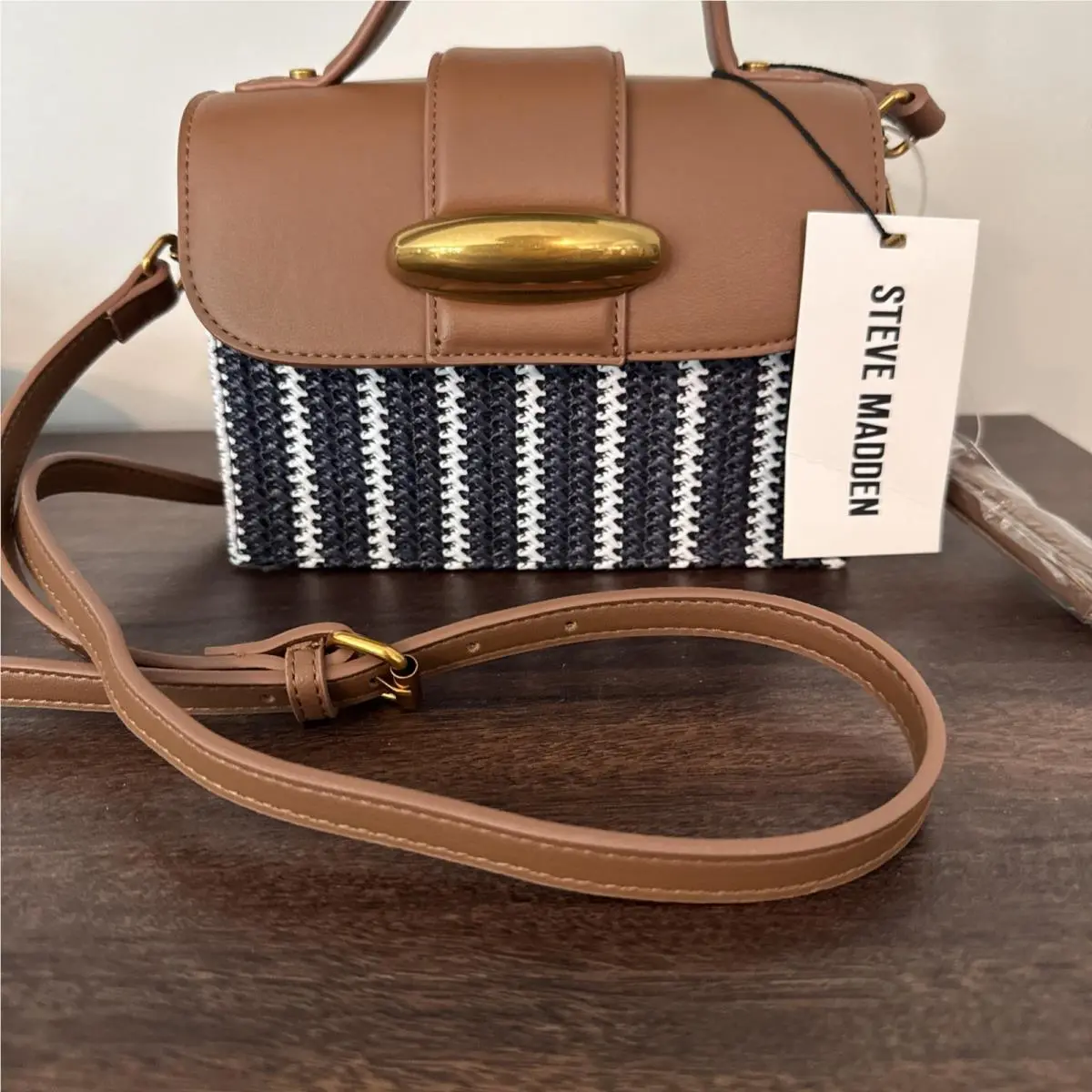 Navy Cream Striped Cross Body Mishel Top Handle Mini by Steve Madden