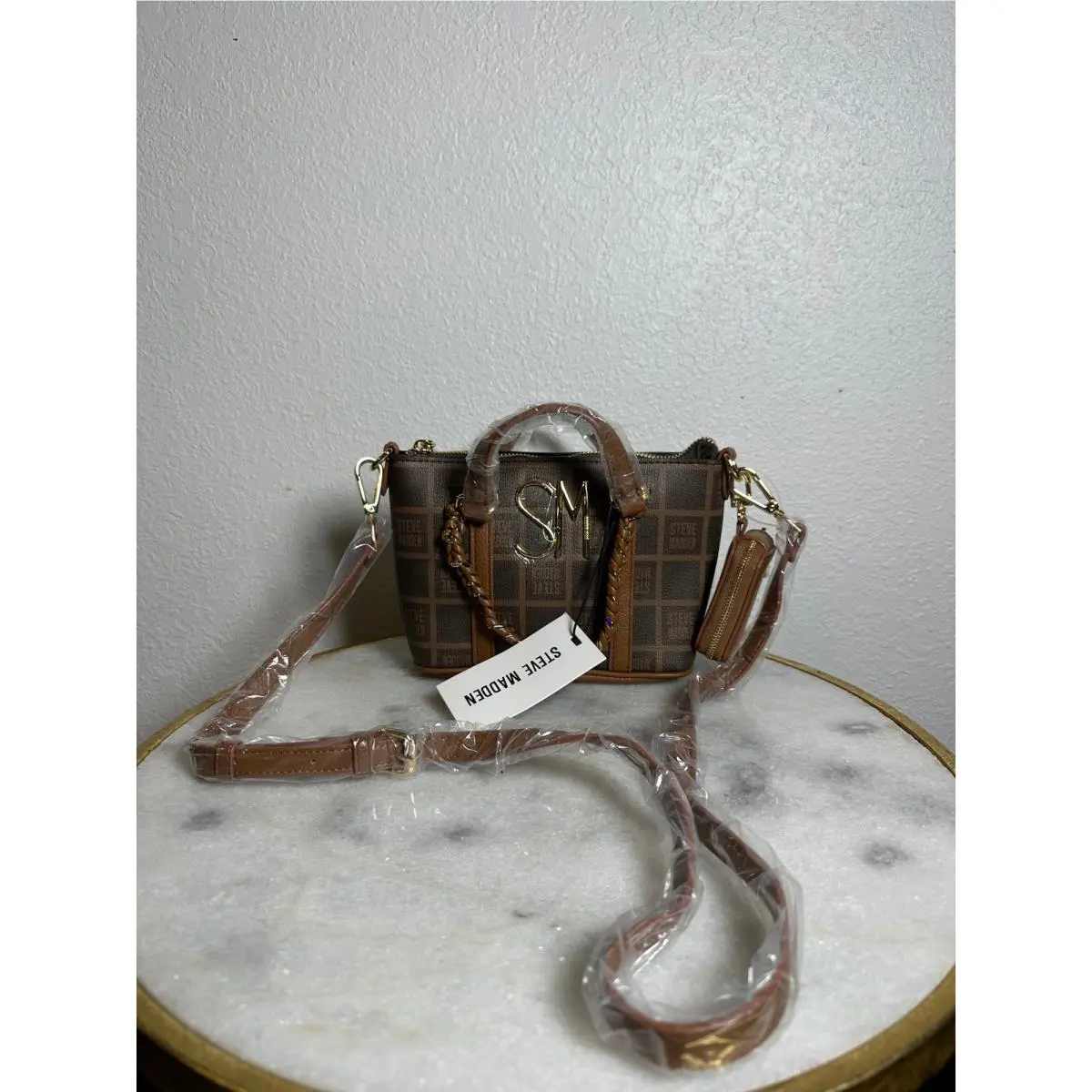 Steve Madden Bmaddi Satchel Brown Monogram Crossbody Bag with Pouch DO345000