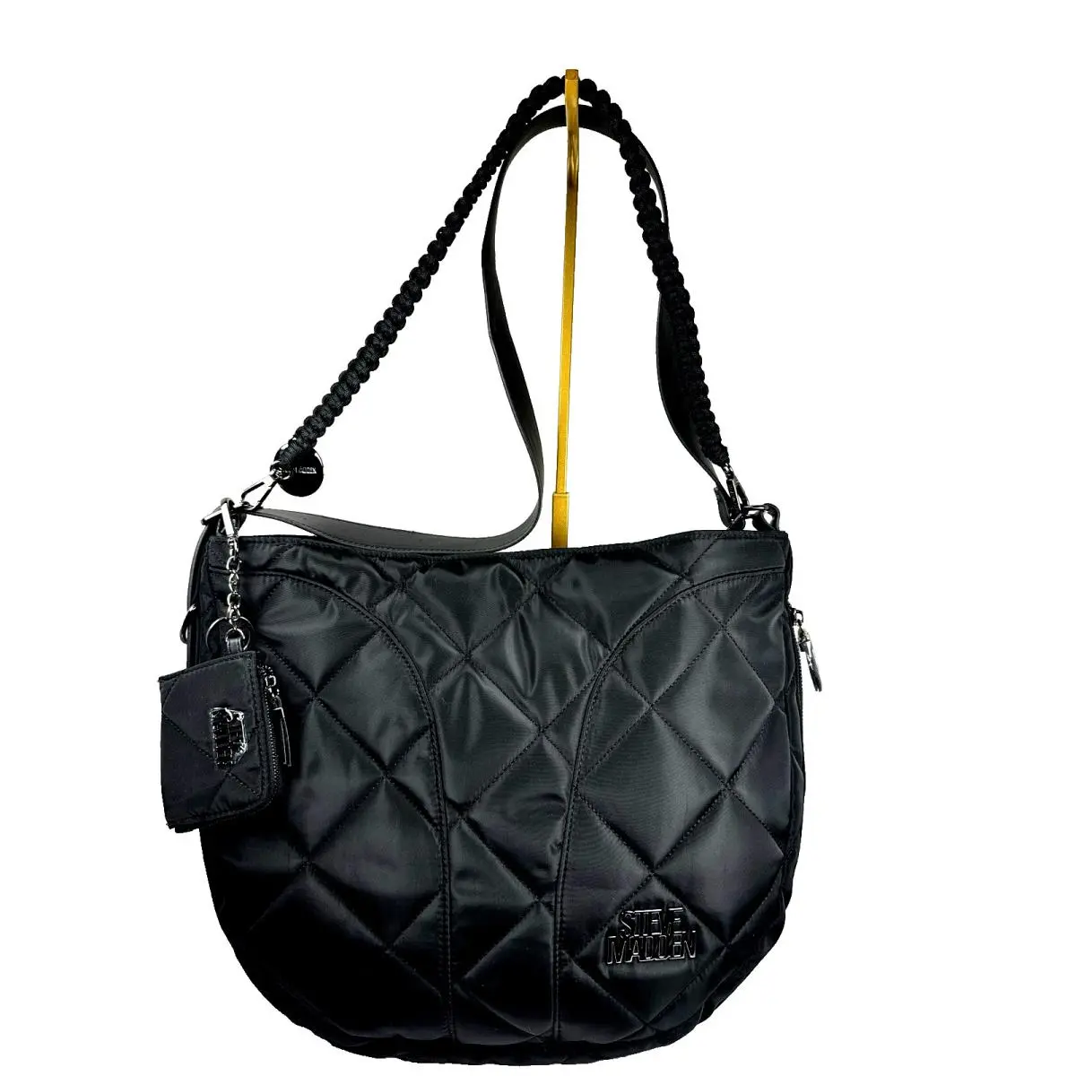 Quilted Nylon Shoulder Tote Bag Black Hobo Purse Zip Pocket Charm by Steve Madden