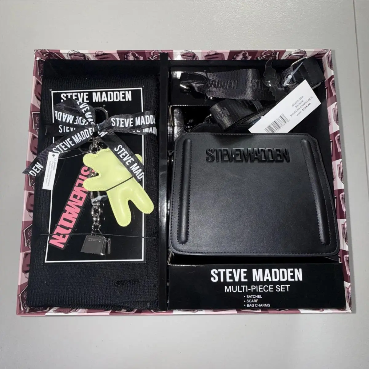 Bevelyn Bag Scarf Charm Box Gift Set Black by Steve Madden