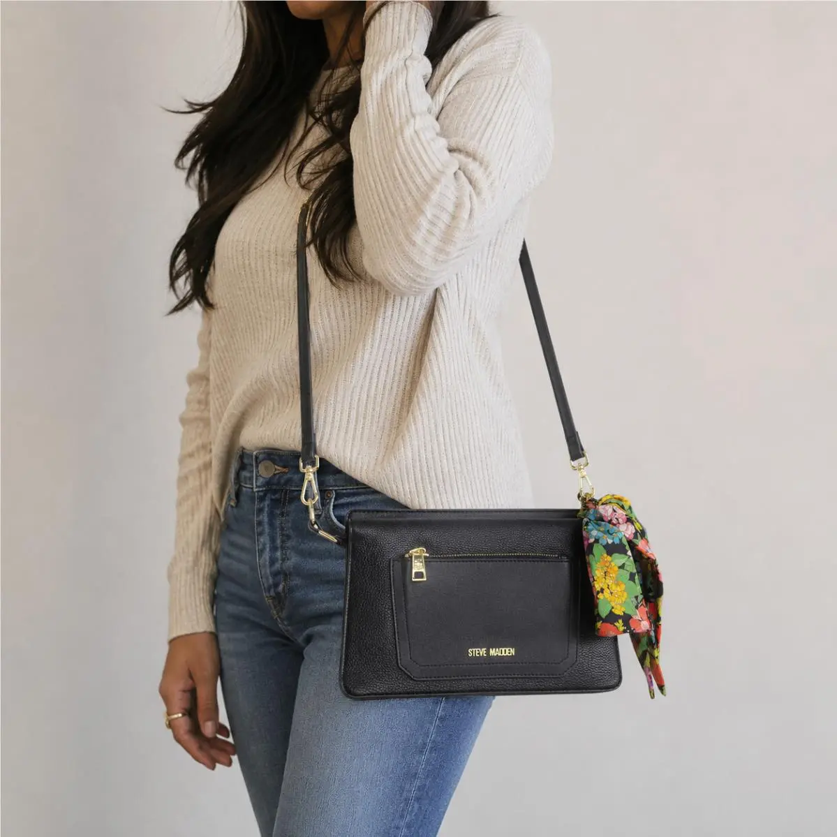 Steve Madden Bloren Vegan Leather Shoulder Crossbody Bag Black with Floral Scarf