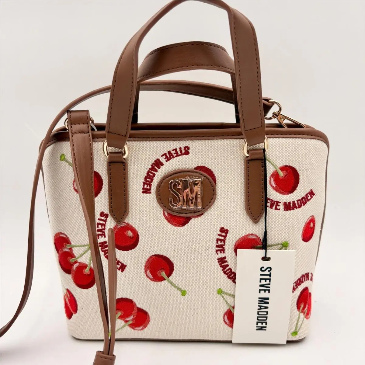 Steve Madden Bserafie Cherry Embroidered Canvas Satchel Crossbody Bag Vanilla