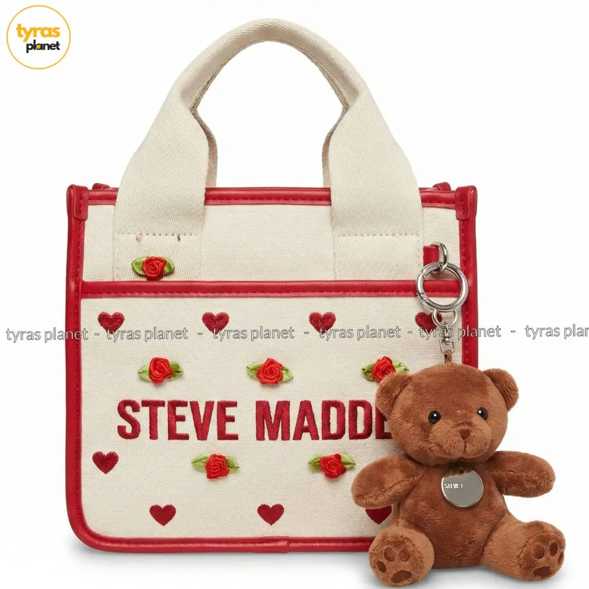 Mini Tote Bag Crossbody Hearts Roses Canvas w/ Teddy Bear Keycha by Steve Madden