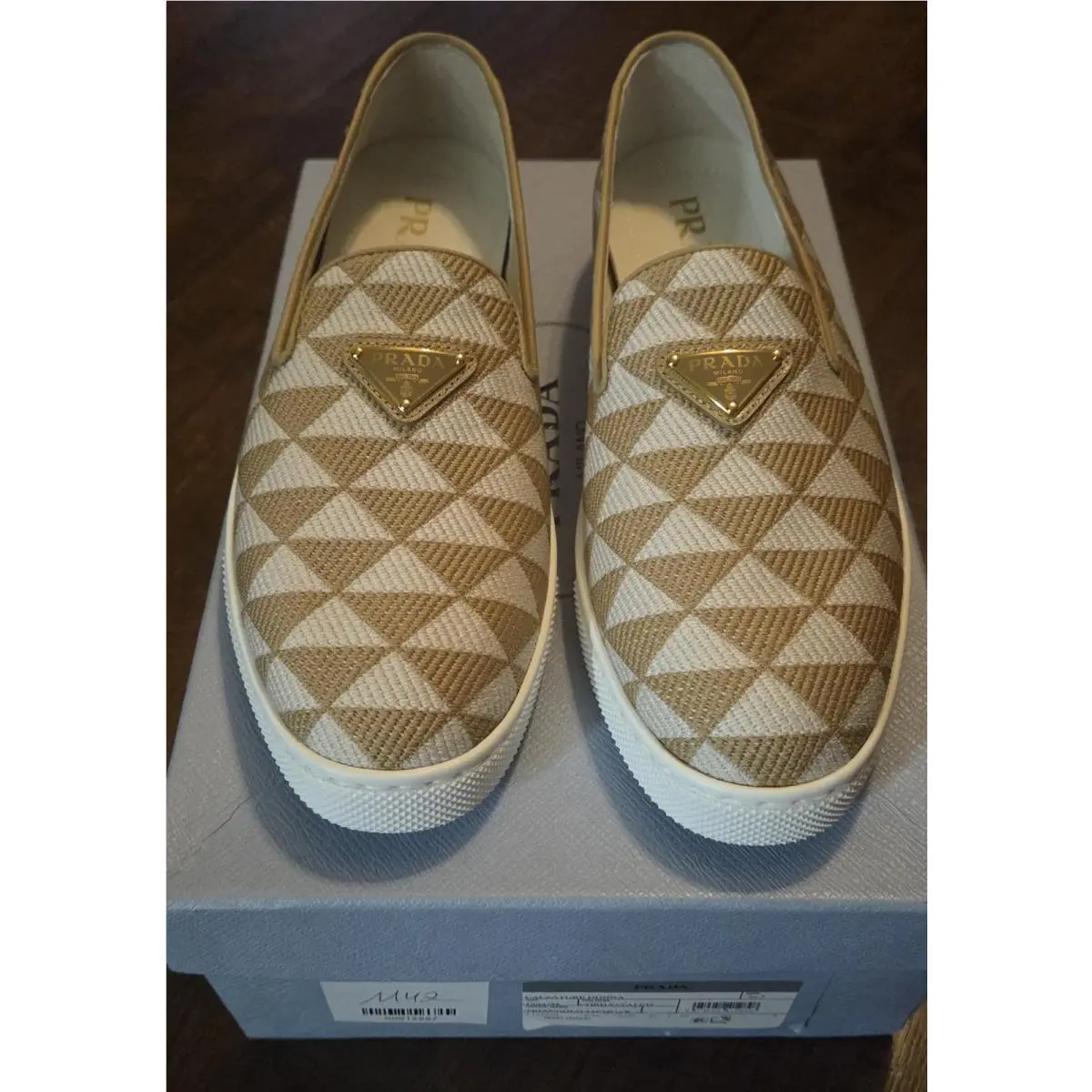 Prada Slip On Canvas Sneakers Beige Ivory Logo EU 36.5 Orig