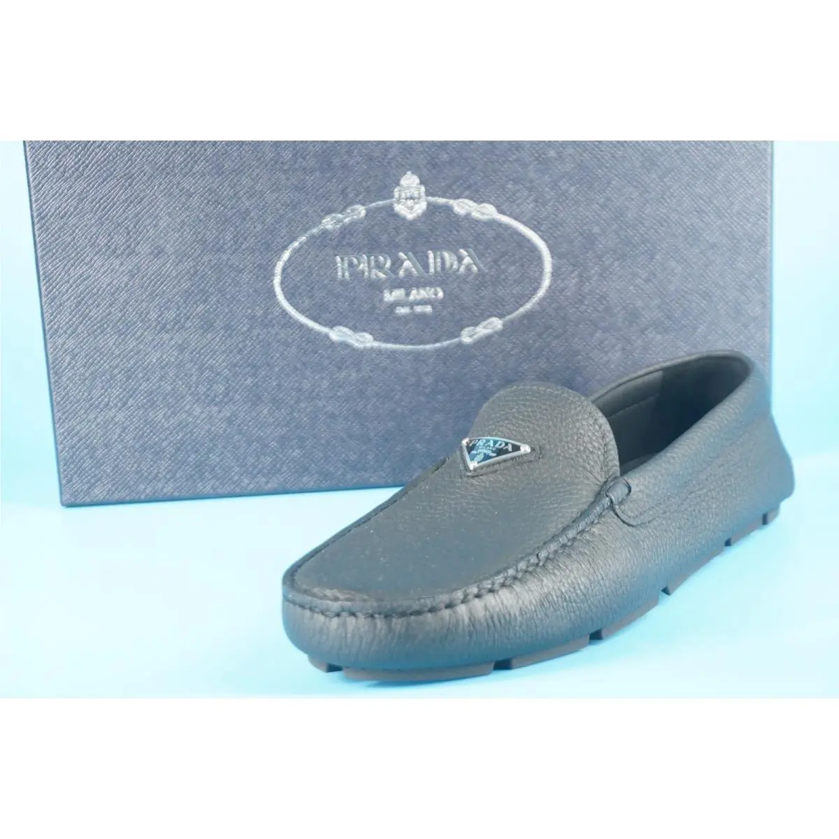 Prada Mens Black Leather Triangle Logo Penny Loafers SZ 9.5 Slip on