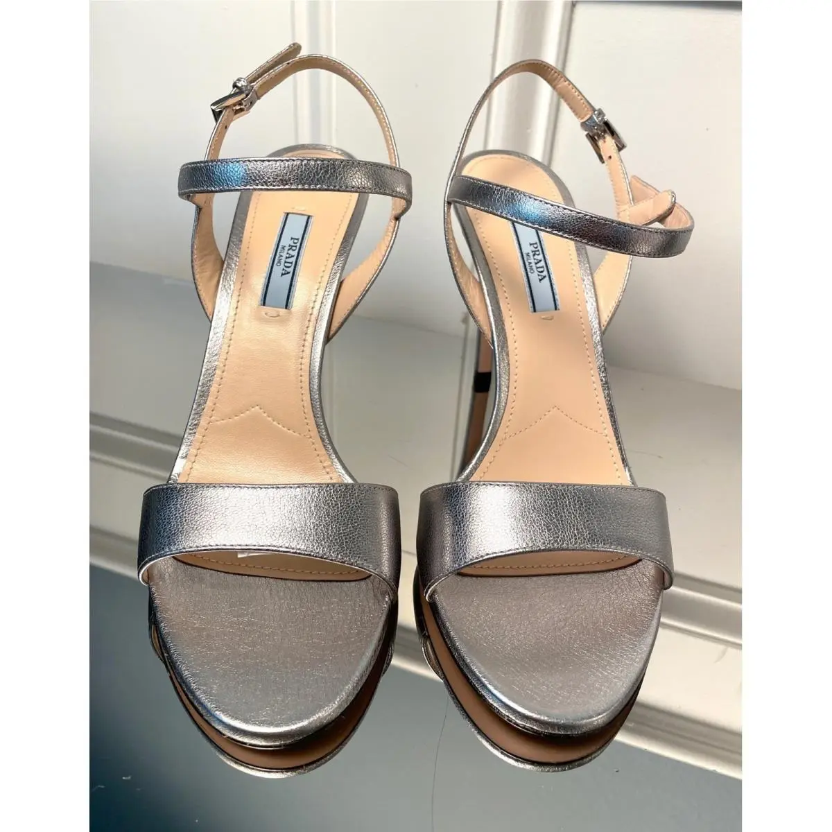 Prada Milano 1X822I Silver Leather Madras Mordore Stiletto Heel Shoe 35.5