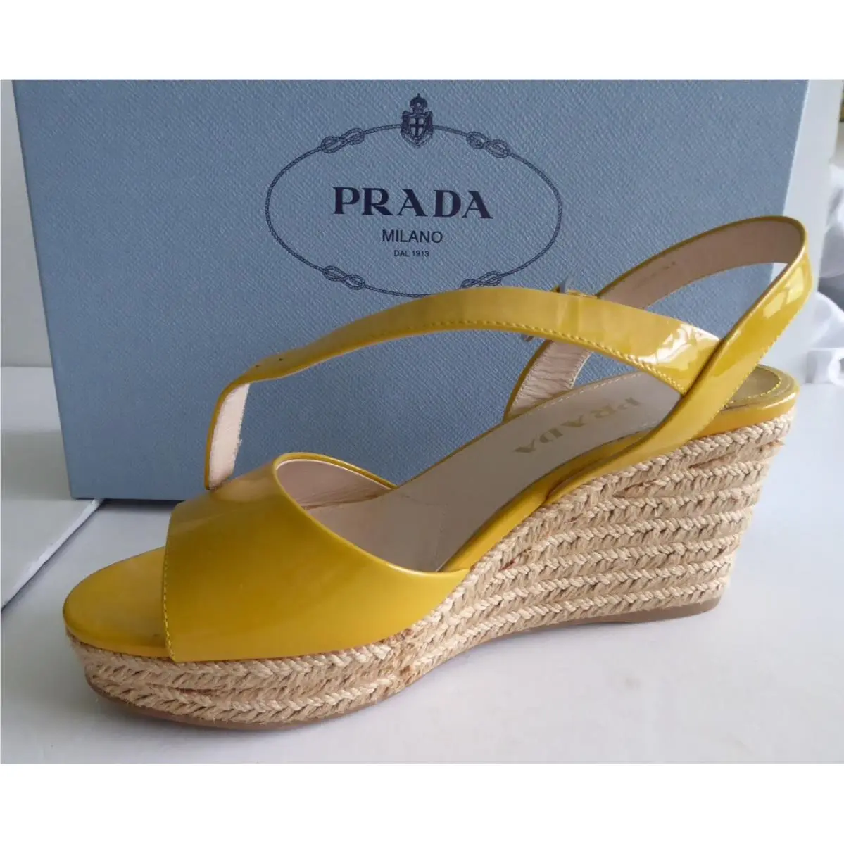 Prada 3 Calzature Conna Yellow Platform Sandal Shoes 37.5M w Box