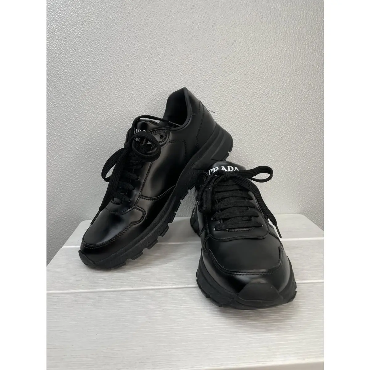 Prada Prax 1 Mens US 6 EU 40 Black Calf Leather Lace Up Logo Casual Sneakers