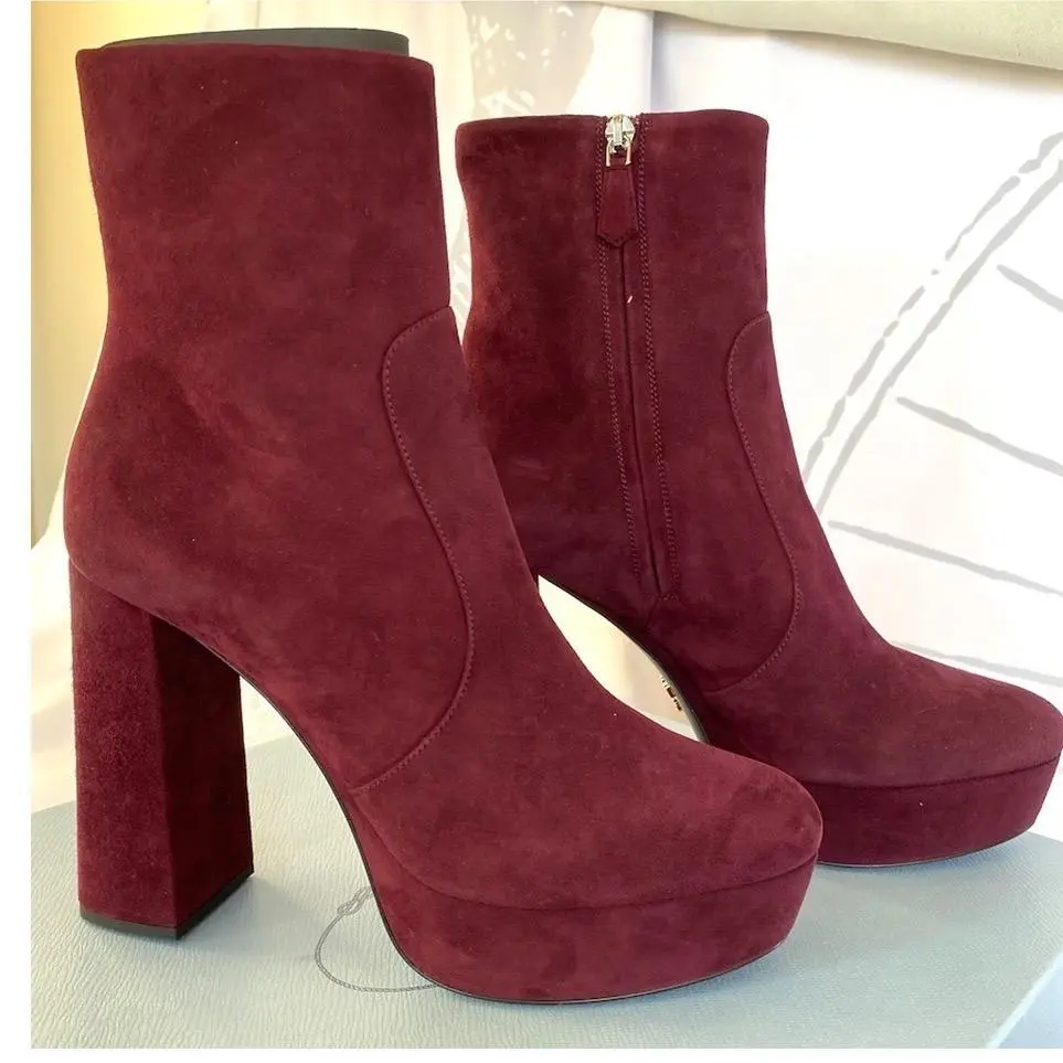 Prada Milano 1TP221 Womens Burgundy Suede High Heel Ankle Boots Shoes 35