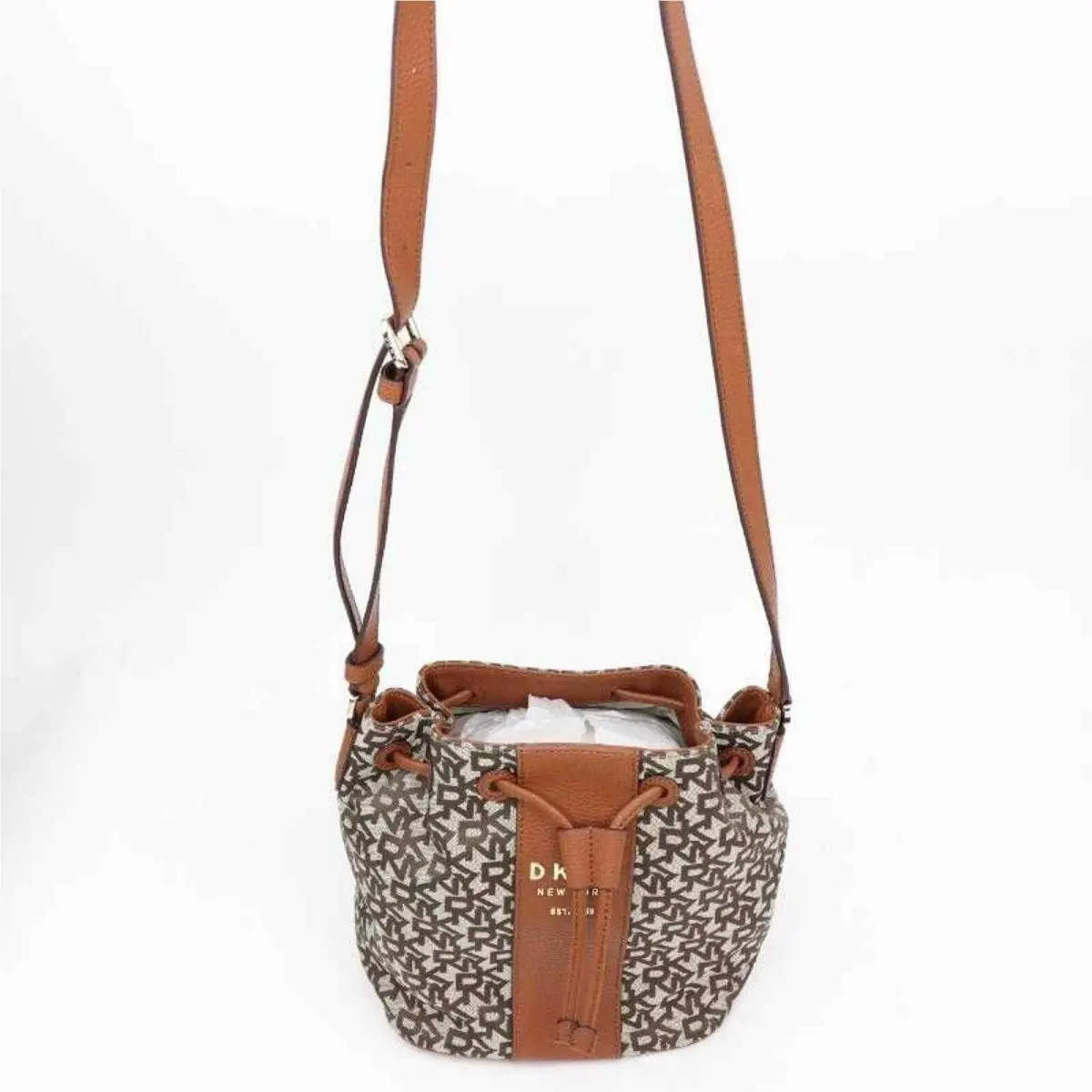 Dkny Womens Noho Bucket Bag Gray Brown Signature Logo Drawstring One Size by DKNY