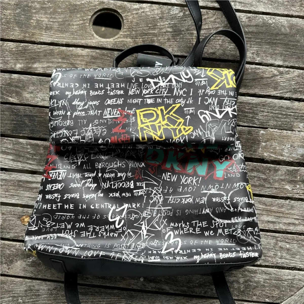 Dkny Tilly Graffiti Fold Over Backpack Tote Purse Black-multi