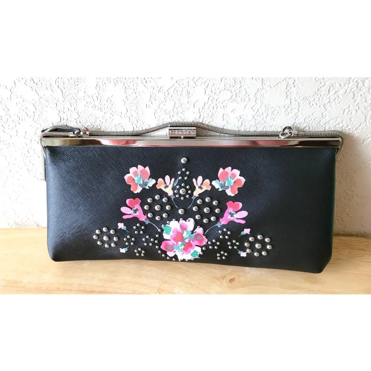 Saffiano Leather Metallic Hardware Floral Design Evening Clutch by Calvin Klein