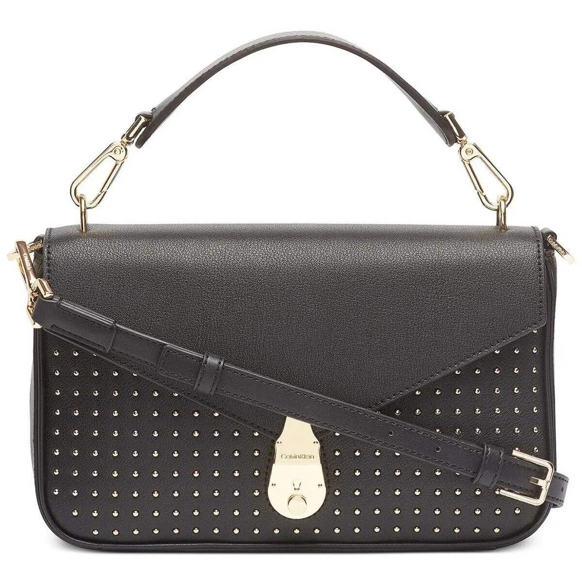 Calvin Klein Black Leather Crossbody Bag w/ Gold Stud Lock Details