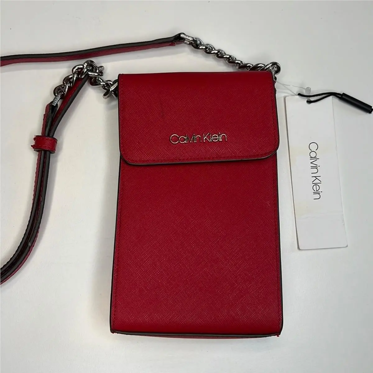 Red Saffiano Leather Crossbody Bag Silver Hardware by Calvin Klein