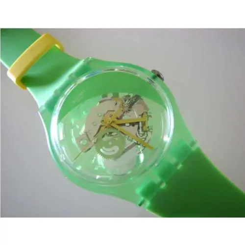 Swatch New Gents Pomme-tech Neon Green Gents Swatch w See Thru Dial Silicone Strap-nib