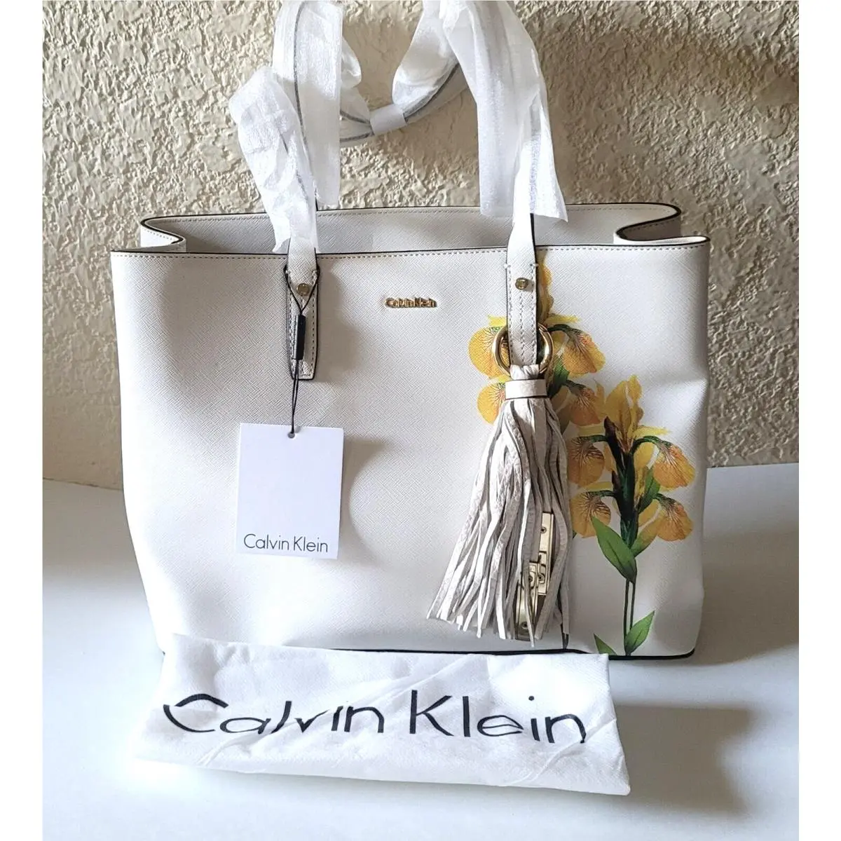 Calvin Klein Trendy Tassel Charm Floral Details Maggie Leather Tote