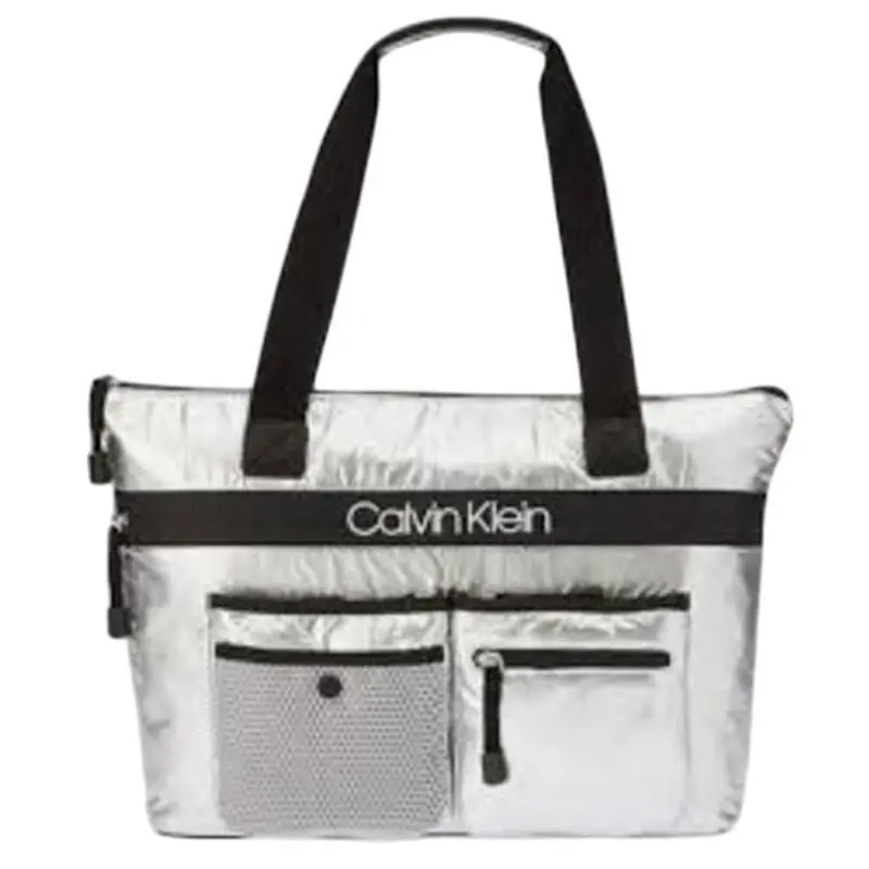 Metallic Silver Tote Bag w/ Pockets Black Details by Calvin Klein