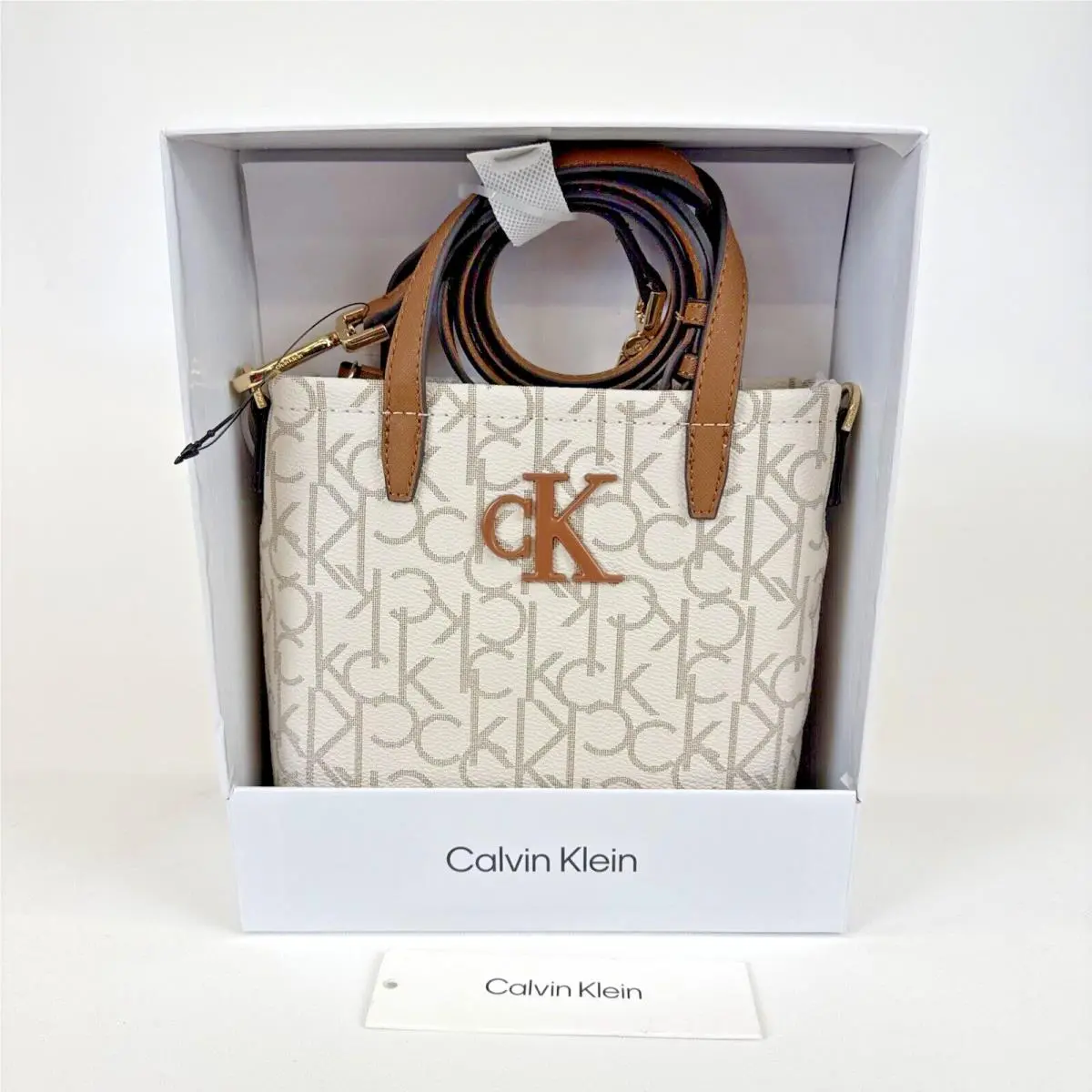 Calvin Klein CK Signature Handbag Gift Box Zip Purse Cream Brown