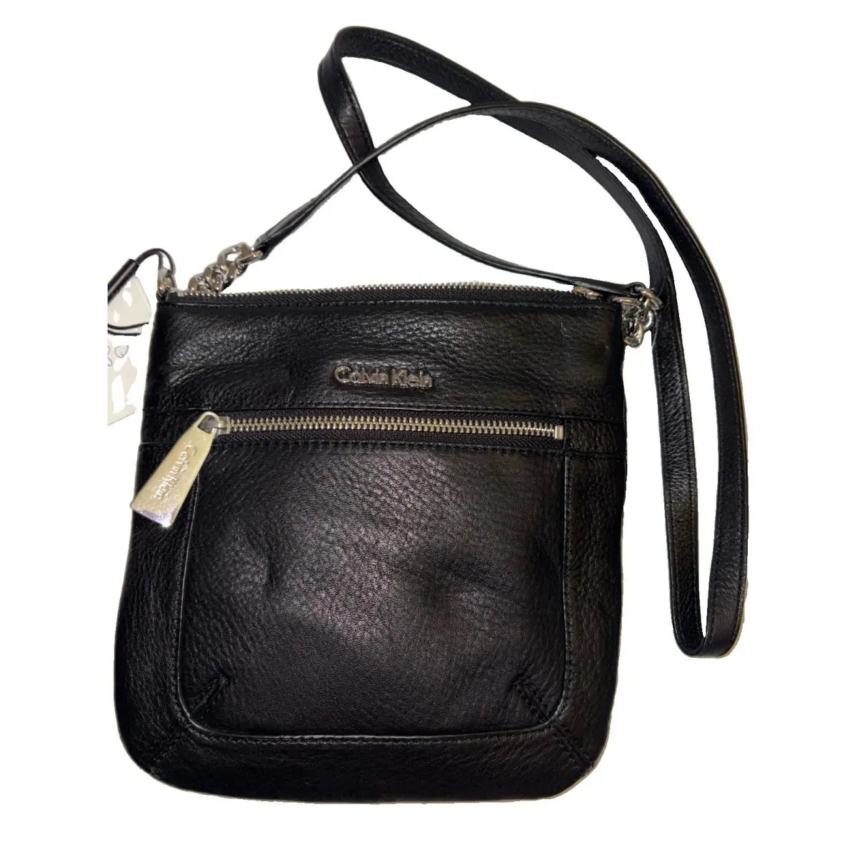 Calvin Klein Soft Black Pebbled Leather Slim Crossbody Bag Small