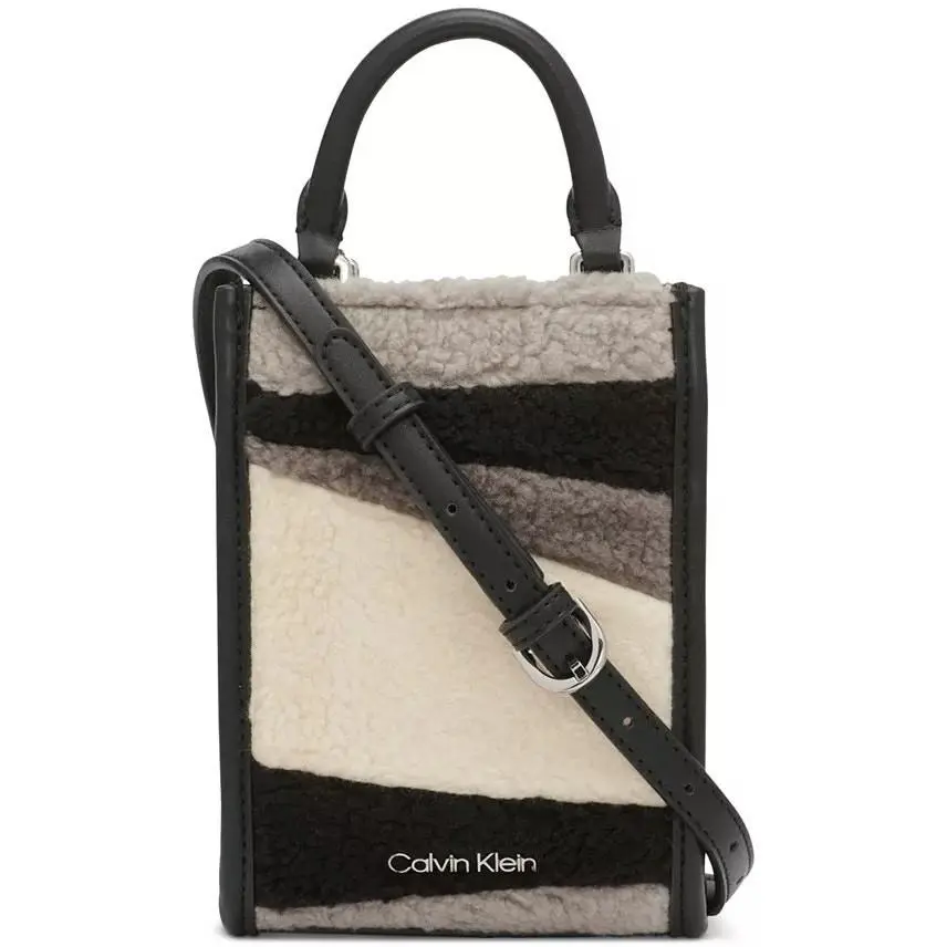 Shearling Adjustable Phone Crossbody Bag in Black Gray by Calvin Klein