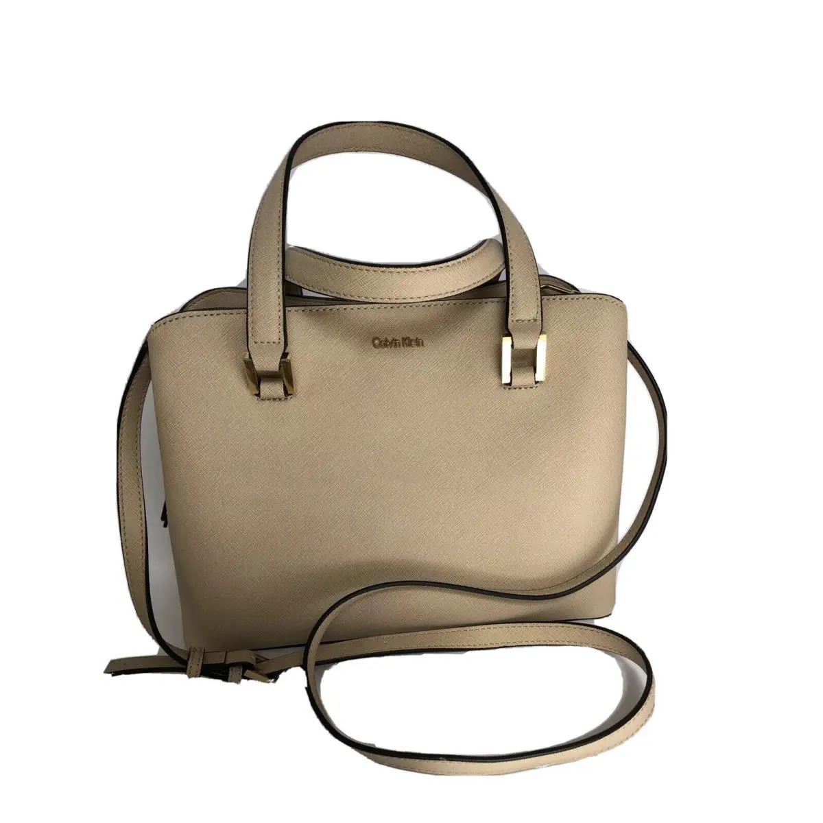 Womens Tan Leather Handbag Handheld and Shoulder Strap Zip Around by Calvin Klein