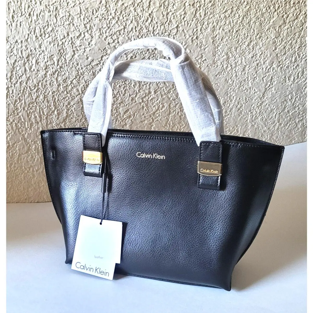 Calvin Klein Saffiano Smooth Finish Black Leather Gold-tone Accent Mini Tote
