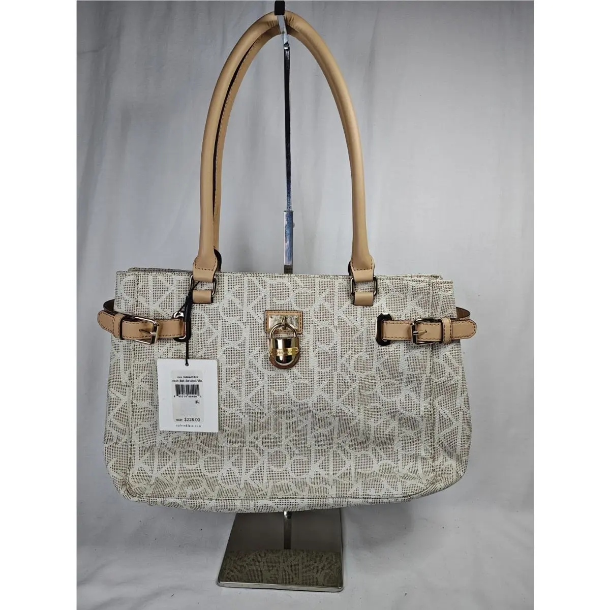 Calvin Klein Monogram Tote Bag Padlock Dotted Logo Cream Almond Khaki H4AAJ2