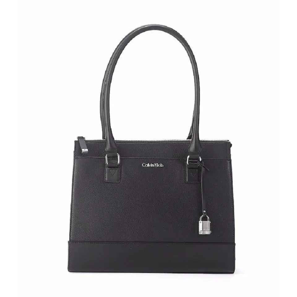 Calvin Klein Black Leather Top Zip Satchel Hand Back Tote