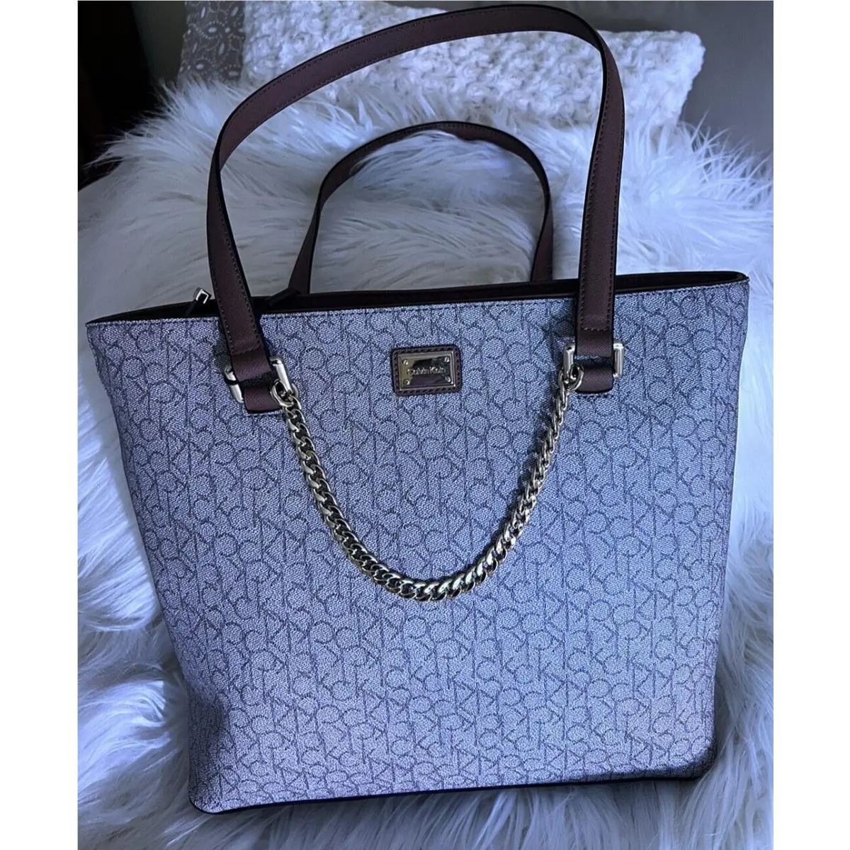 Calvin Klein Large Tote Zipper Purse Bag Monogram Almond Taupe