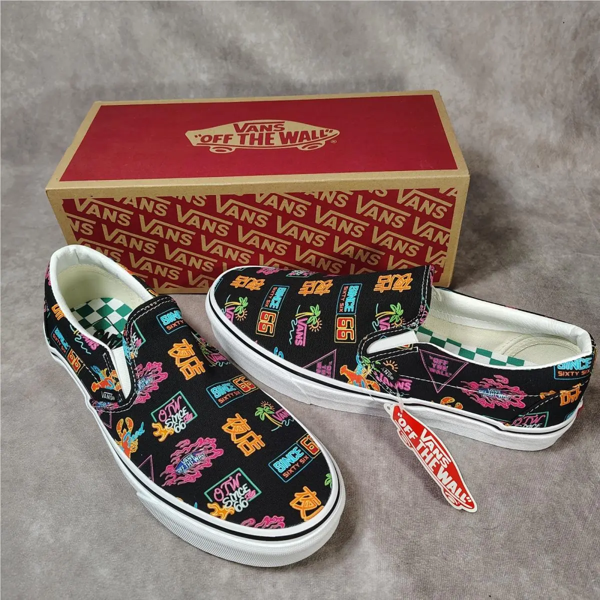 Classic Slip On Shoes Size 10.5 Black Neon by Vans