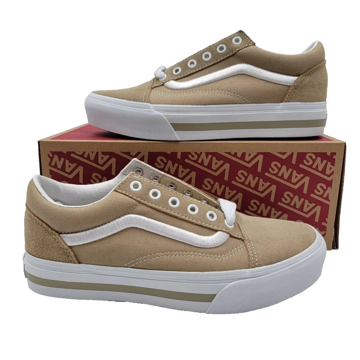 Vans Premium Junior Old Skool Platform Sz 6 Khaki Suede Canvas VN0009PDKHK