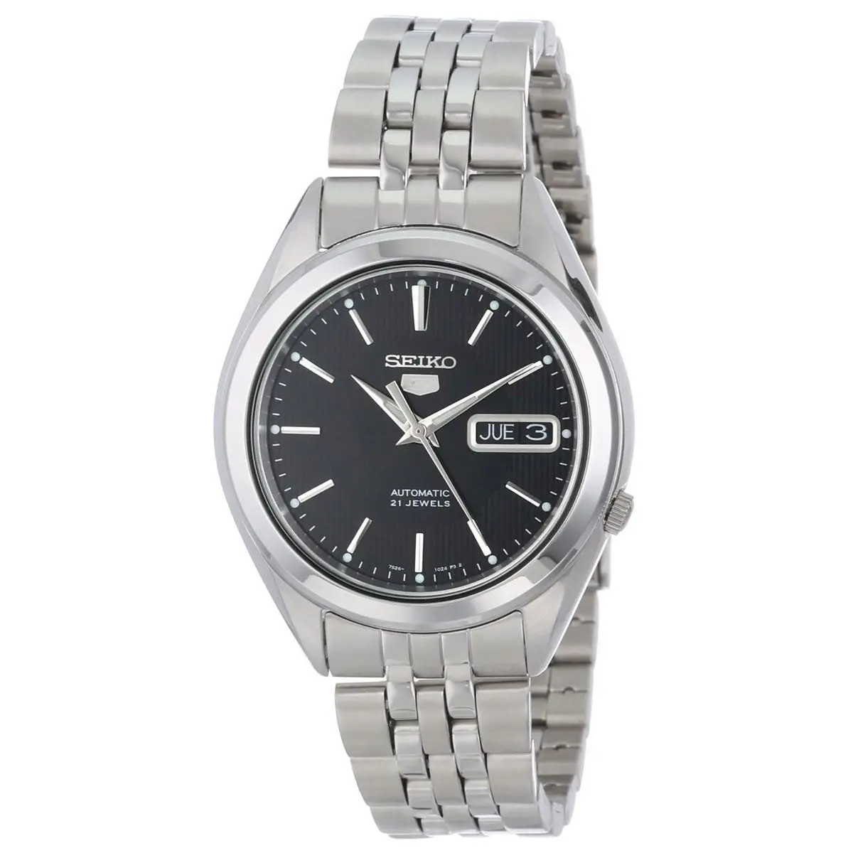 Seiko SNKL23 Gent`s 5 Sports Black Dial Automatic Day Date Watch - Dial: Black, Band: Silver