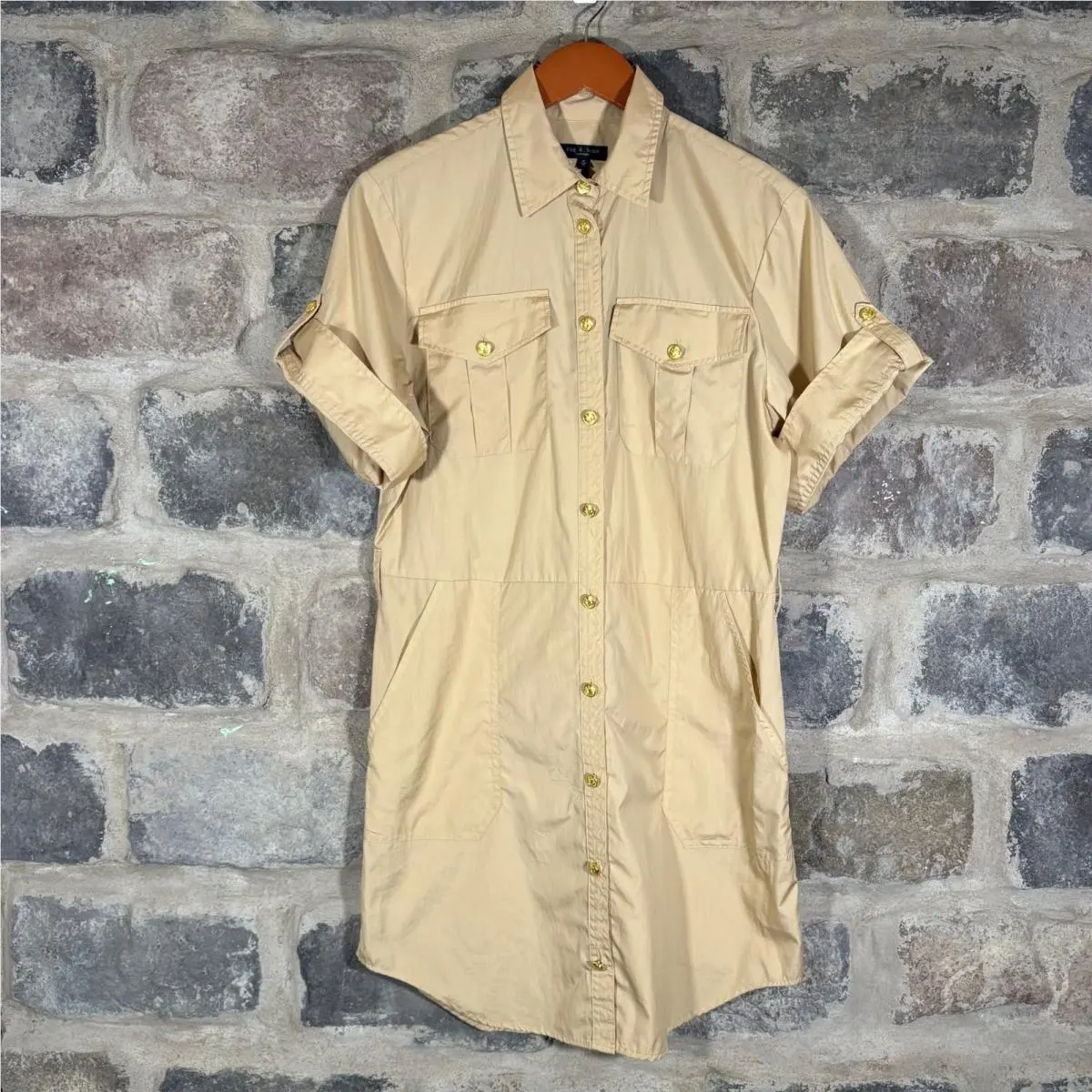 Rag Bone Roxanne Light Khaki Cotton Dress Shirt Dress Utility Style Medium by Rag & Bone