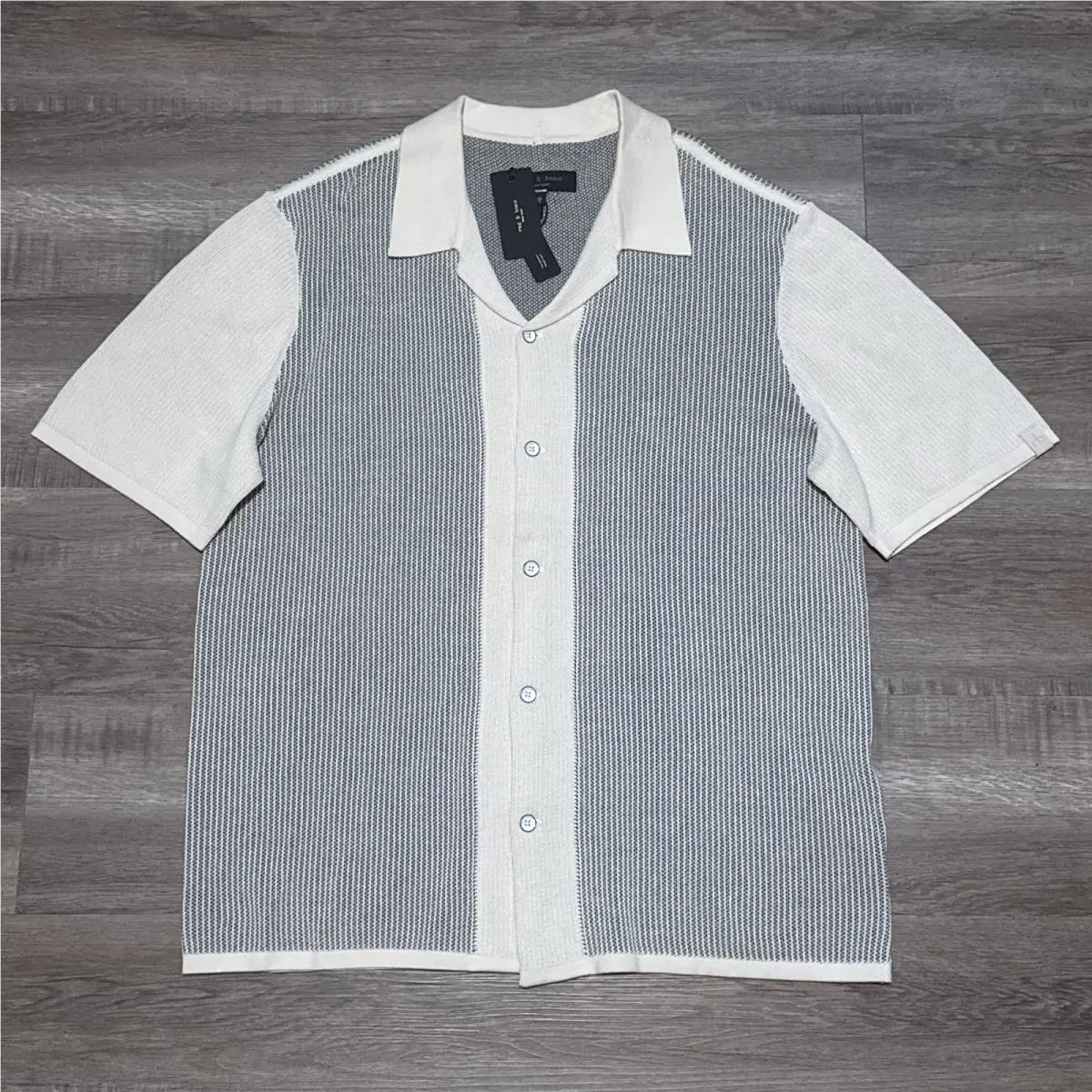 Rag Bone Harvey Knit Camp Short Sleeve Shirt Ivory Black Men`s XL by Rag & Bone