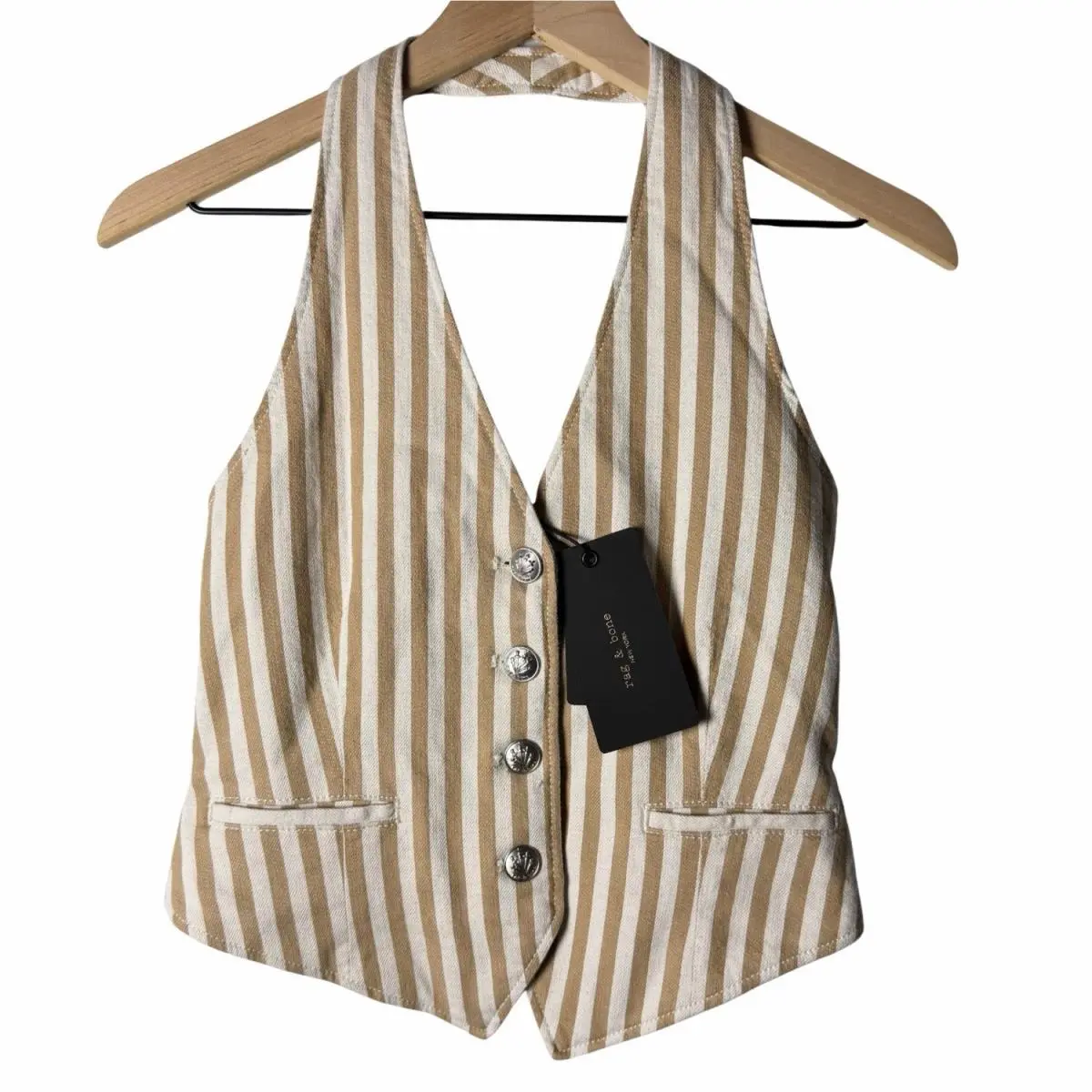 Rag Bone Ethel Linen-blend Vest Tan White Stripes Button Up Halter 0/XS