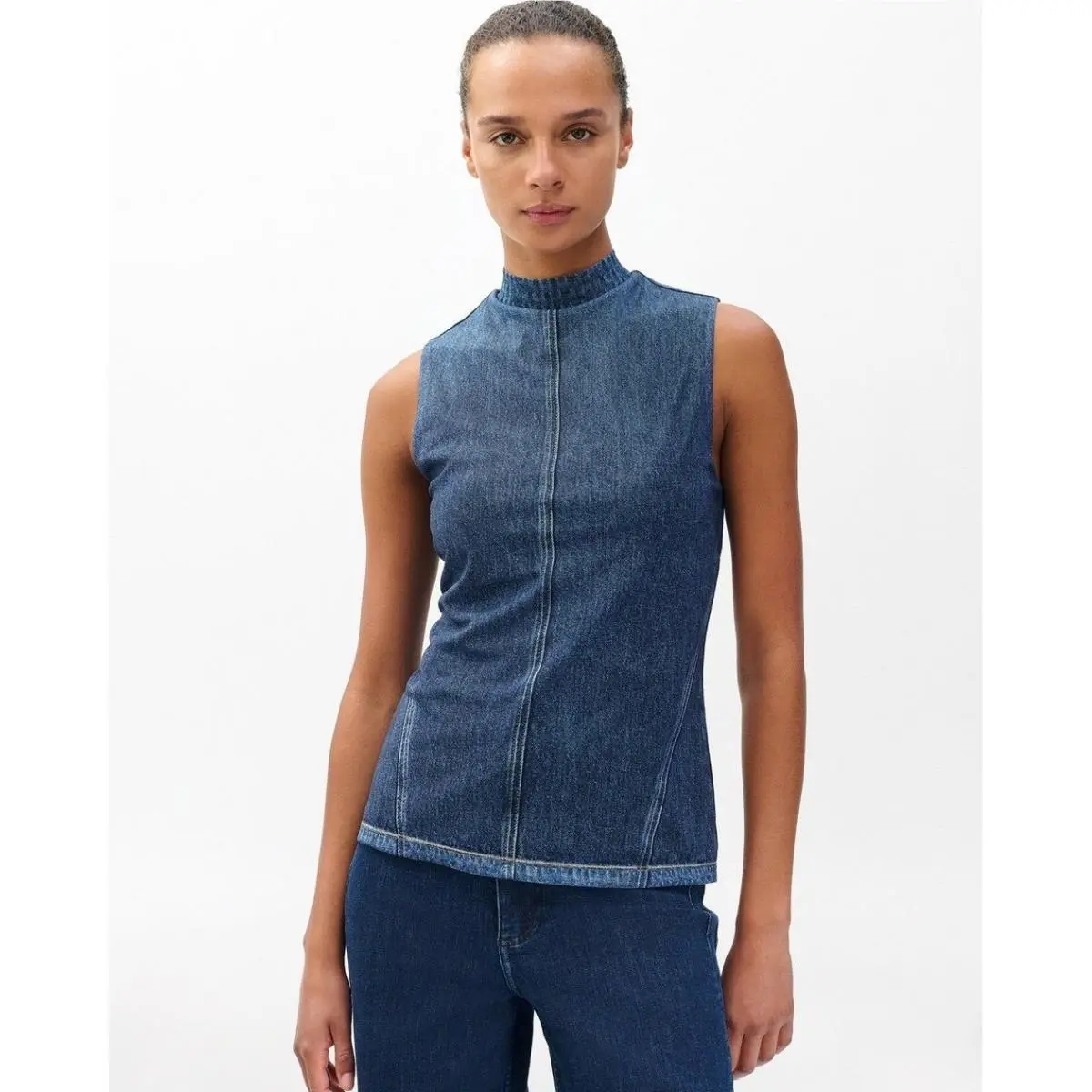 Rag Bone Miramar Mockneck Top Petra Blue Denim Print Stretch Mesh Tank S by Rag & Bone