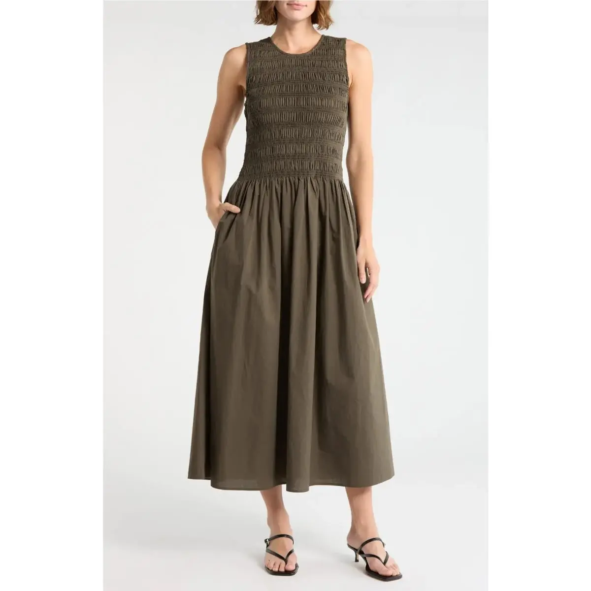 Rag Bone Lane Sleeveless Smocked Cotton Maxi Dress Midnight Olive by Rag & Bone