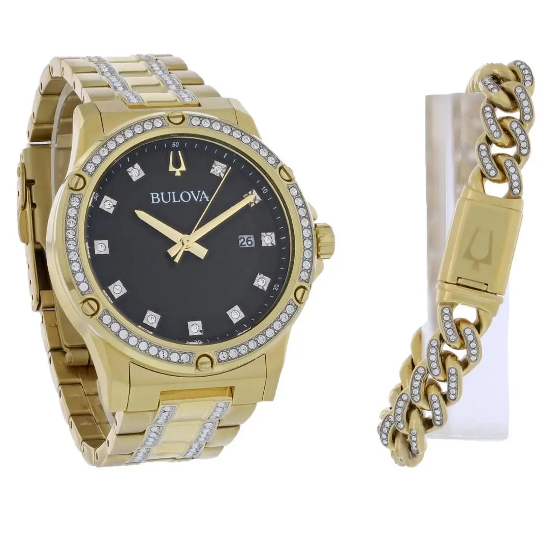 Bulova Men`s Gold Pvd Stainless Steel Black Dial Crystal Quartz Watch 98K118