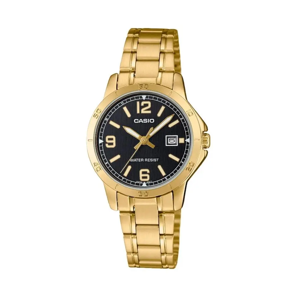 LTP-V004G-1B Gold Tone Stainless Steel Black Analog Ladies Dress Watch by Casio