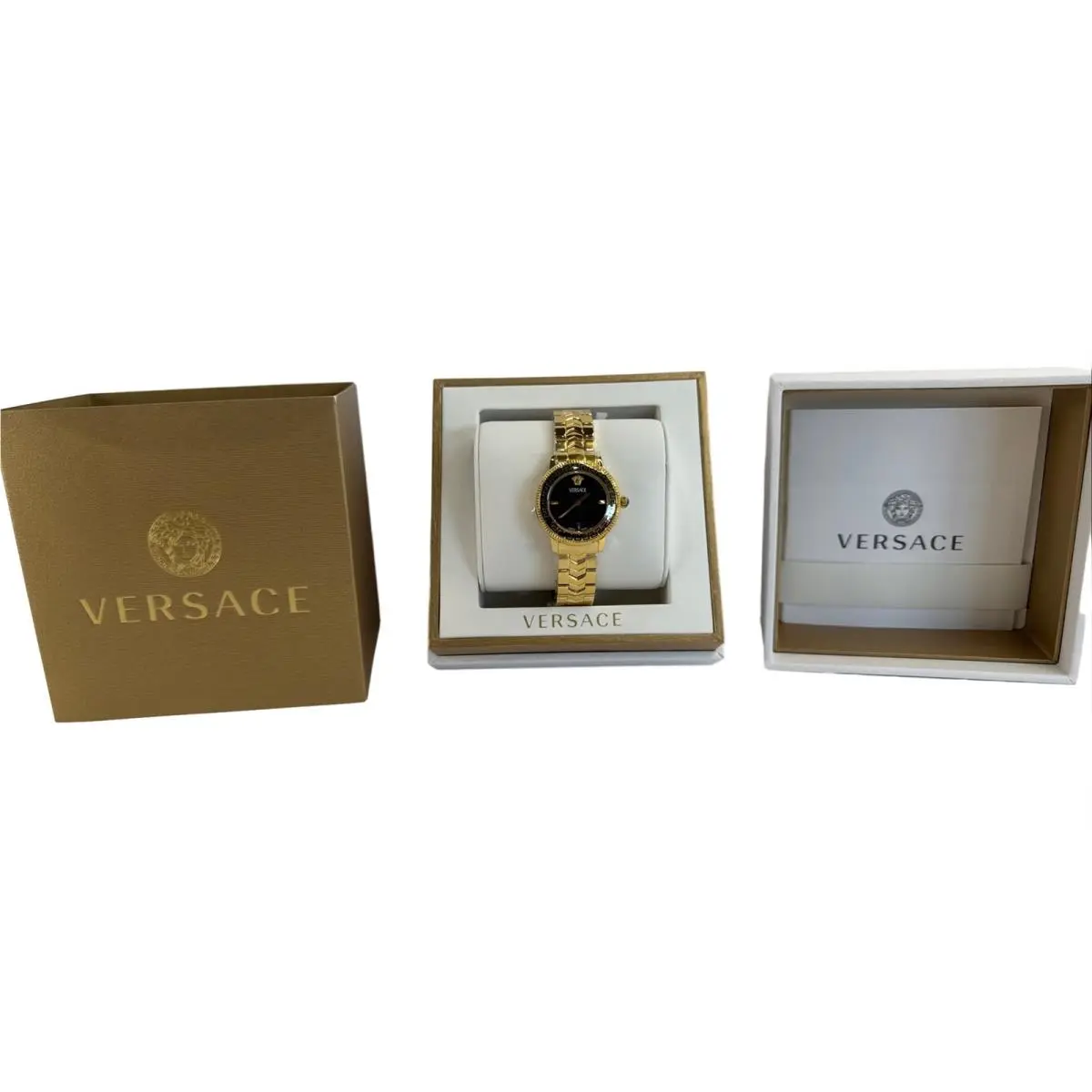 Women`s Gold Tone Bracelet Watch Black Dial with Case by Versace