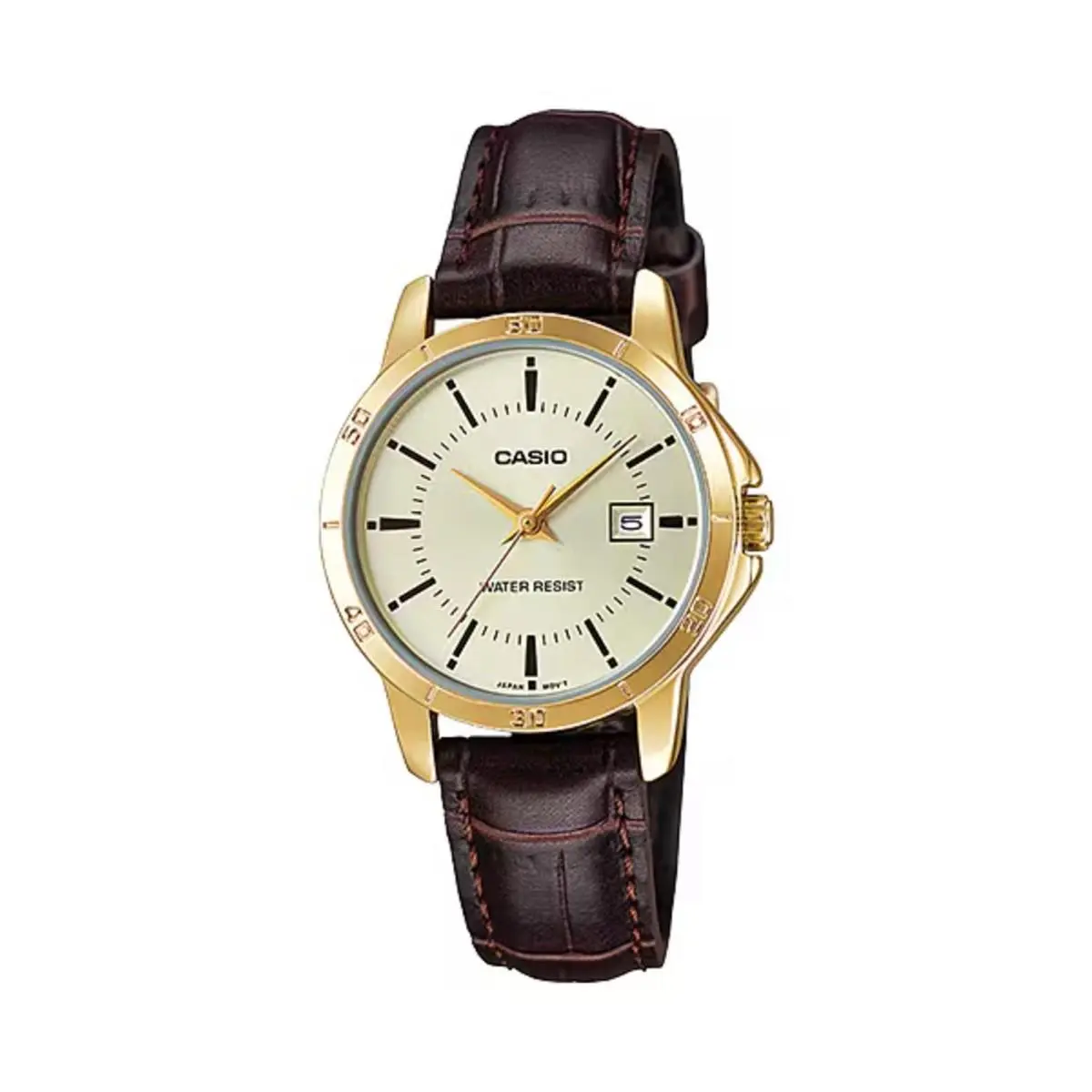Casio Women’s Gold-tone Watch with Brown Leather Band and Champagne Dial