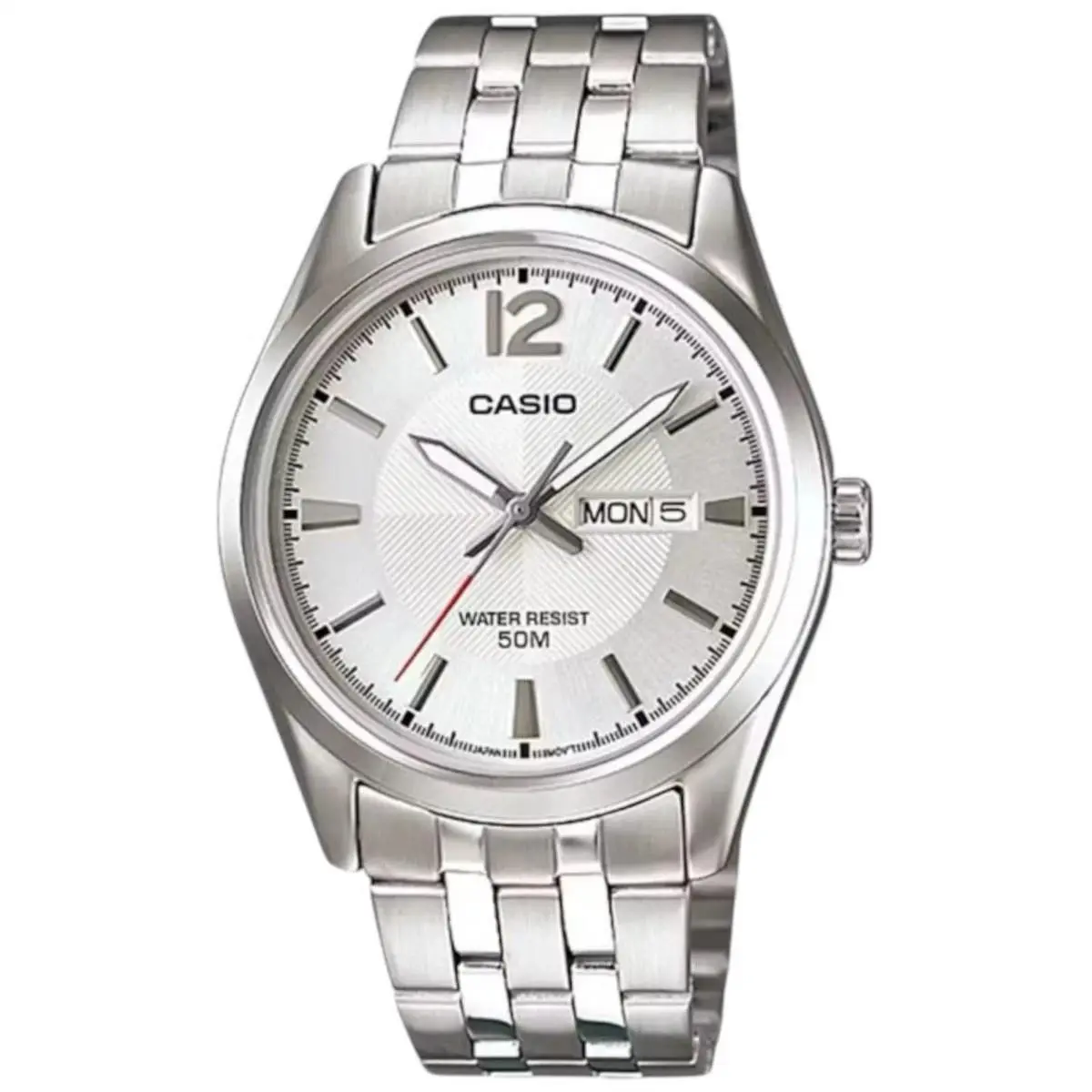 MTP-1335D-7A Men`s Silver Dial Stainless Steel Quartz Day Date Watch by Casio