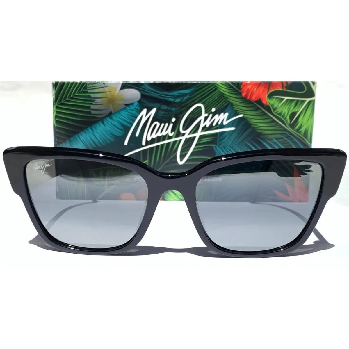 Kou Square Cat Eye Polarized Gray Glass Mirror Sunglass Black MJ884-02 by Maui Jim
