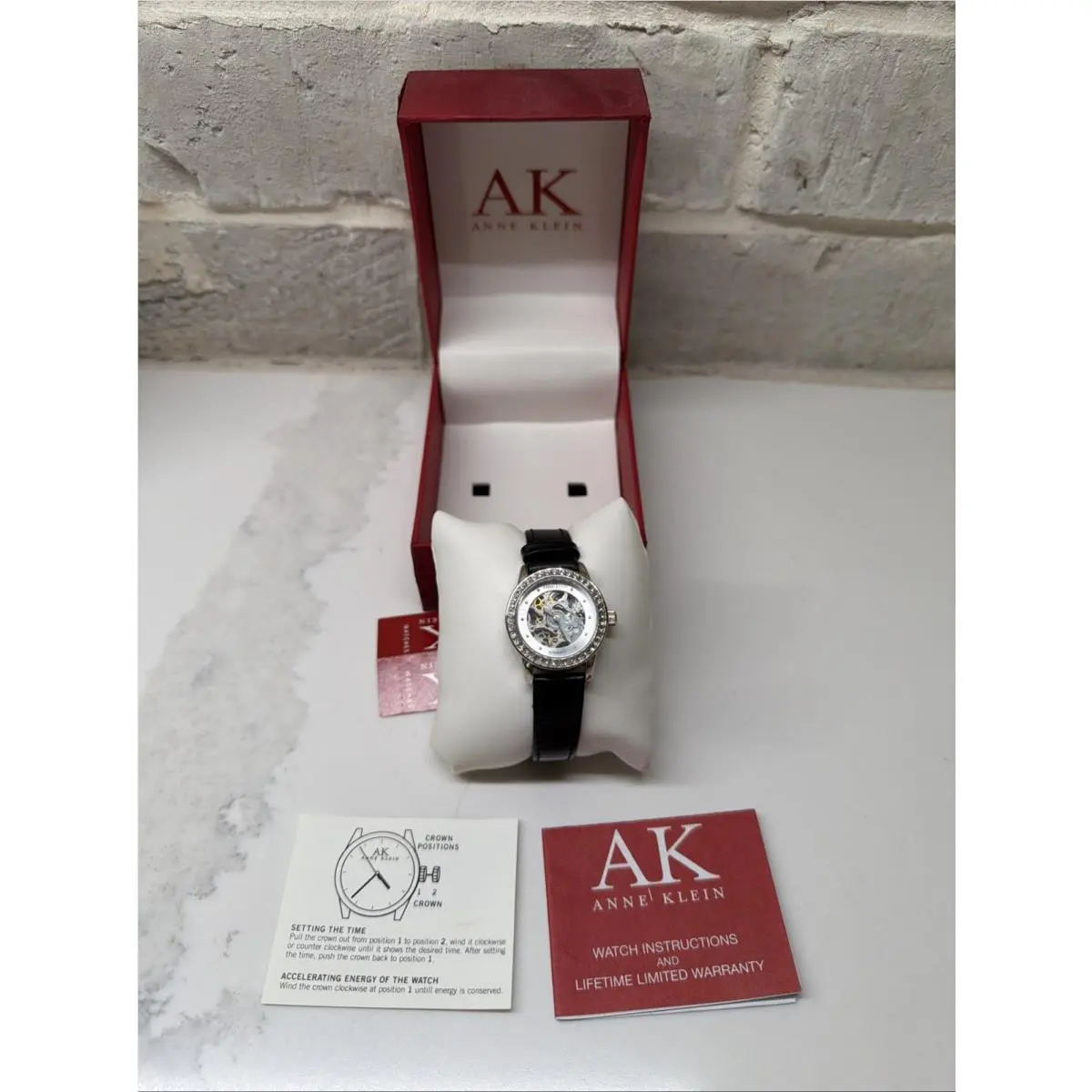 Anne Klein Automatic Skeleton Black Leather Strap Watch 10/9127