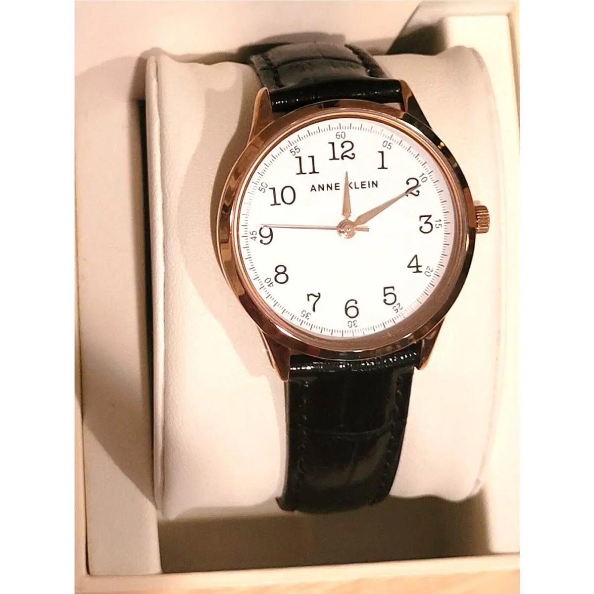 Modern Black Leather Bracelet Rosegold Tone Women`s Watch by Anne Klein